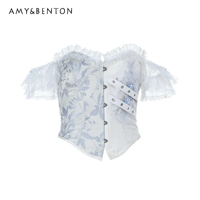 

2026 Summer New Arrival American Gothic Y2K Style Hot Girl White Embroidered Lace Off Shoulder Bandeau Cropped Top