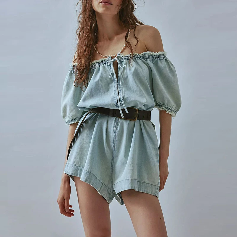 

Stylish Denim Puff Short Sleeve Jumpsuits Casual High Waist Lace-up Hollow Out Rompers Women's Solid Wide Leg Playsuits Overalls