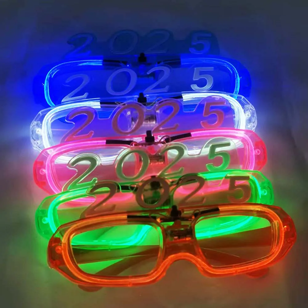 LED Glow 2025 Happy New Year Glow Glasses Number Letter Light Up 2025 LED Glow Glasses Colorful Photographic Ornaments