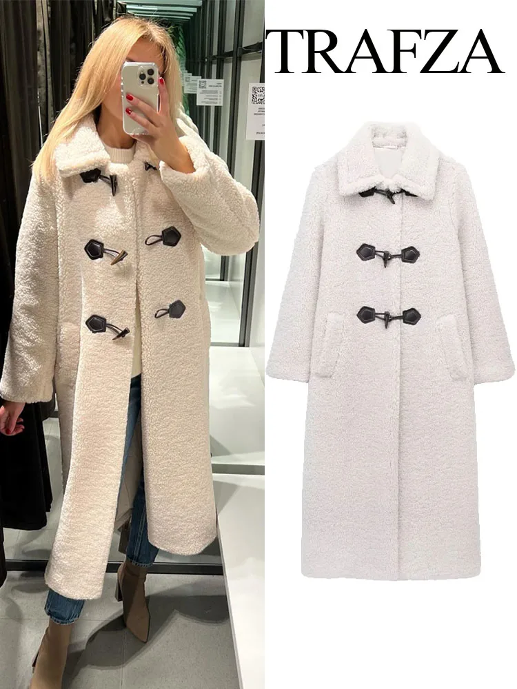 Trafza Frauen Mode weißen Horn Knopf Mantel Vintage Revers Hals lange Ärmel weibliche Winter Chic lässig dicken warmen Fleece Mantel