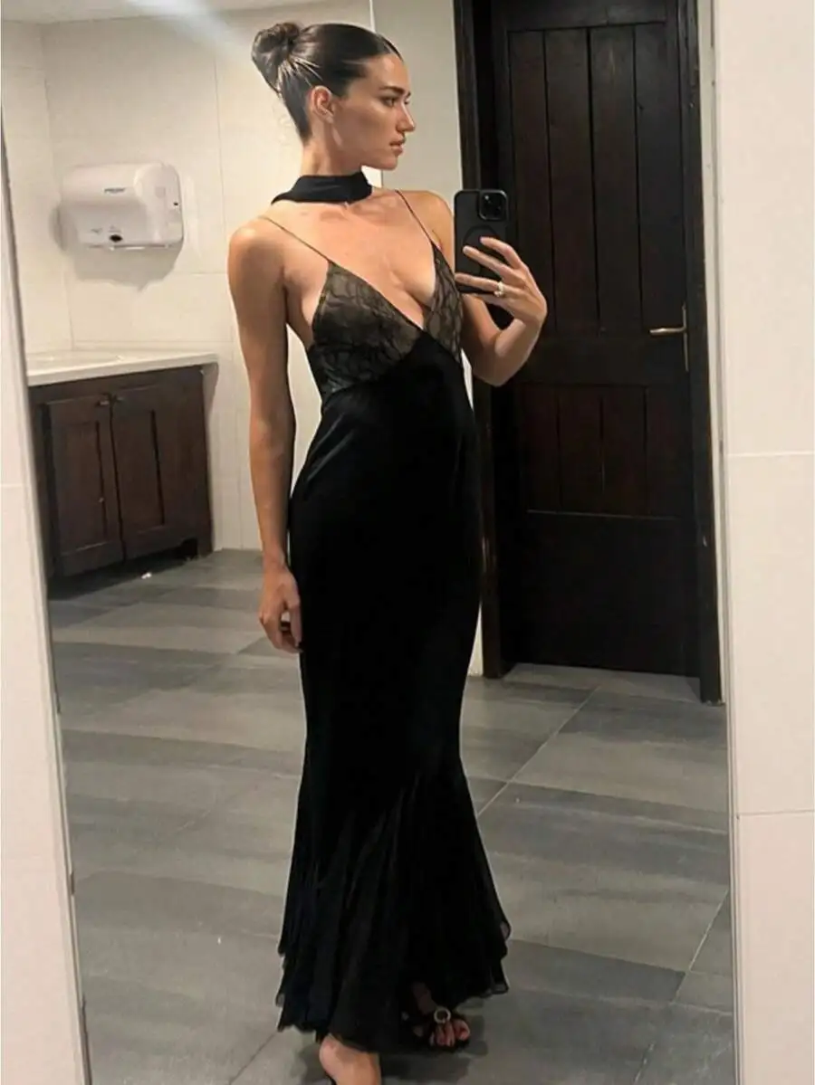 

Black Lace Mesh Slip Dress With Choker Neckline Sexy Slim Fit Evening Gown