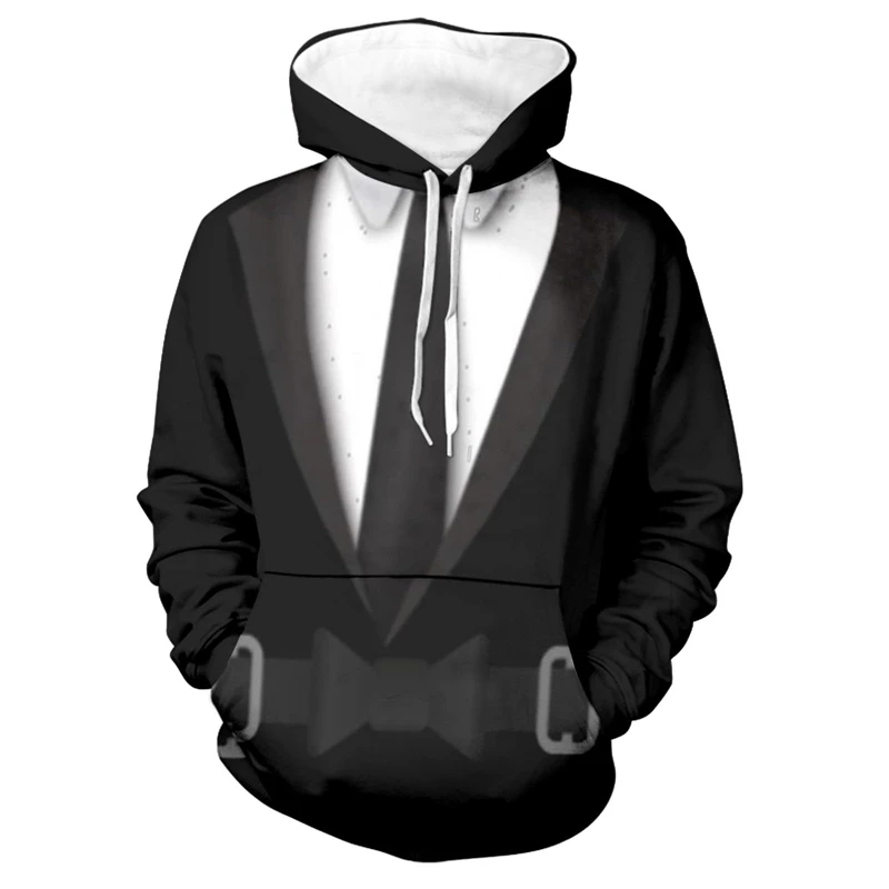 Funny Fake Suit Graphic Sweatshirts Hip Hop Bow Tie 3D Printed Hoodie For Men Clothes Bachelor Party Pullover Party Cosplay Tops