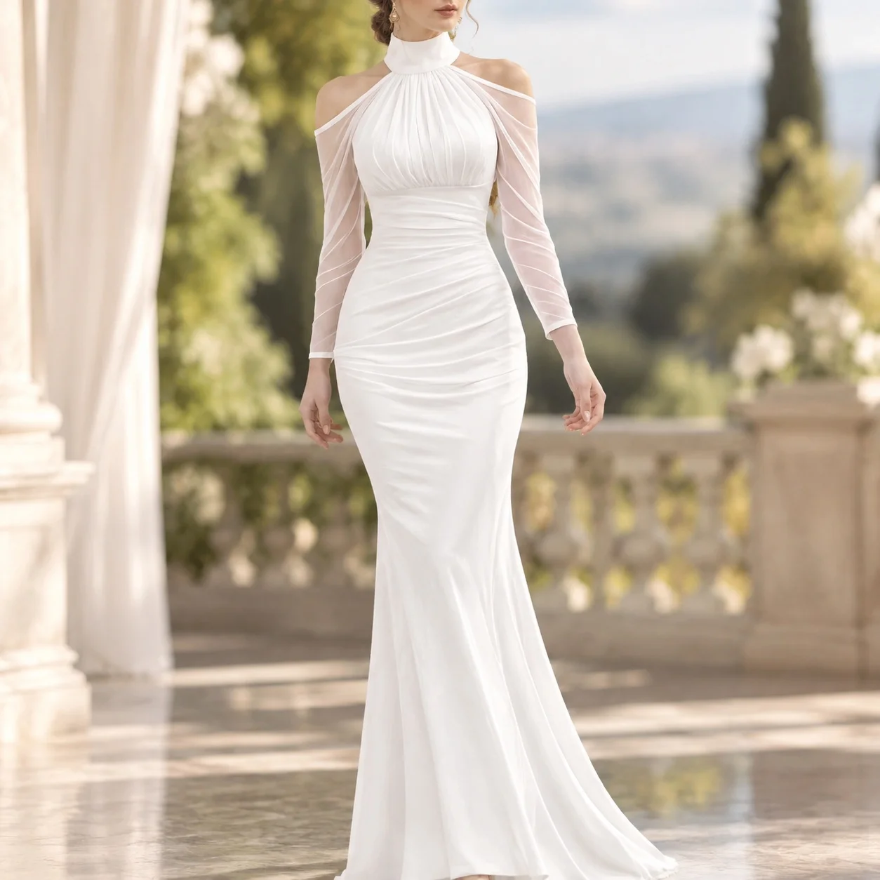 Off Shoulder Neckline Halter Neck Gown Pleated Elegant Style with Spring Tie Closure Slim Fit High Waist Women One Pleated Dress