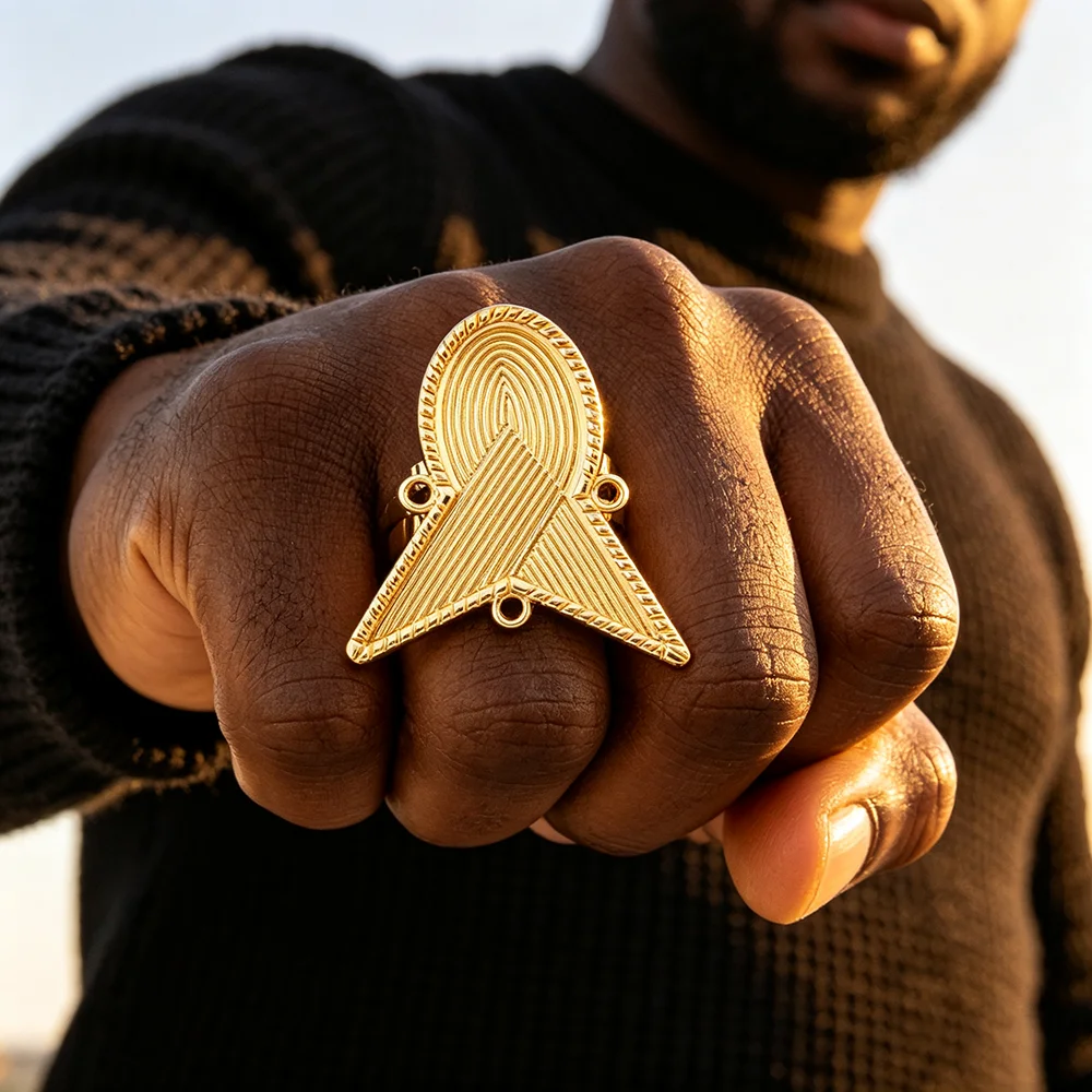 Vergoldetes, graviertes ovales Dreieck-Ohrringe- und Ring-Set für Damen, afrikanischer ethnischer Statement-Schmuck, Hochzeits- und Alltagsgeschenk – Detail 6