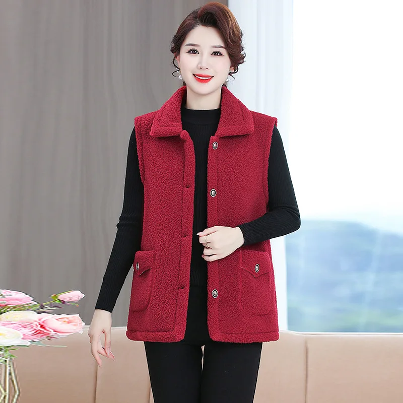 

Autumn Winter Jackets Women Lamb Wool Vest New Thicke Velvet Sleeveless Jacket Middle Old Age Female Waistcoat Large Size