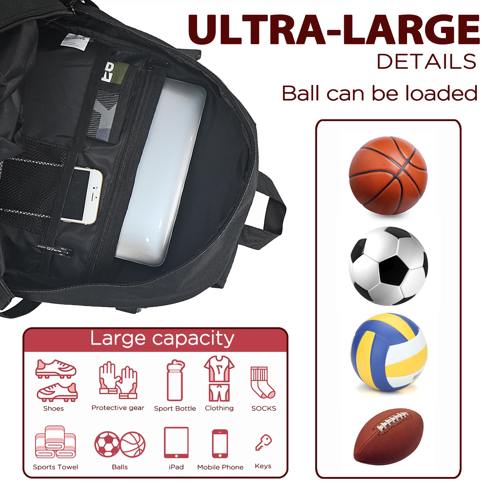 Basketball & Soccer Backpack Bags With Shoe Compartment Ball Holder For Sports Basketball, Volleyball & Football