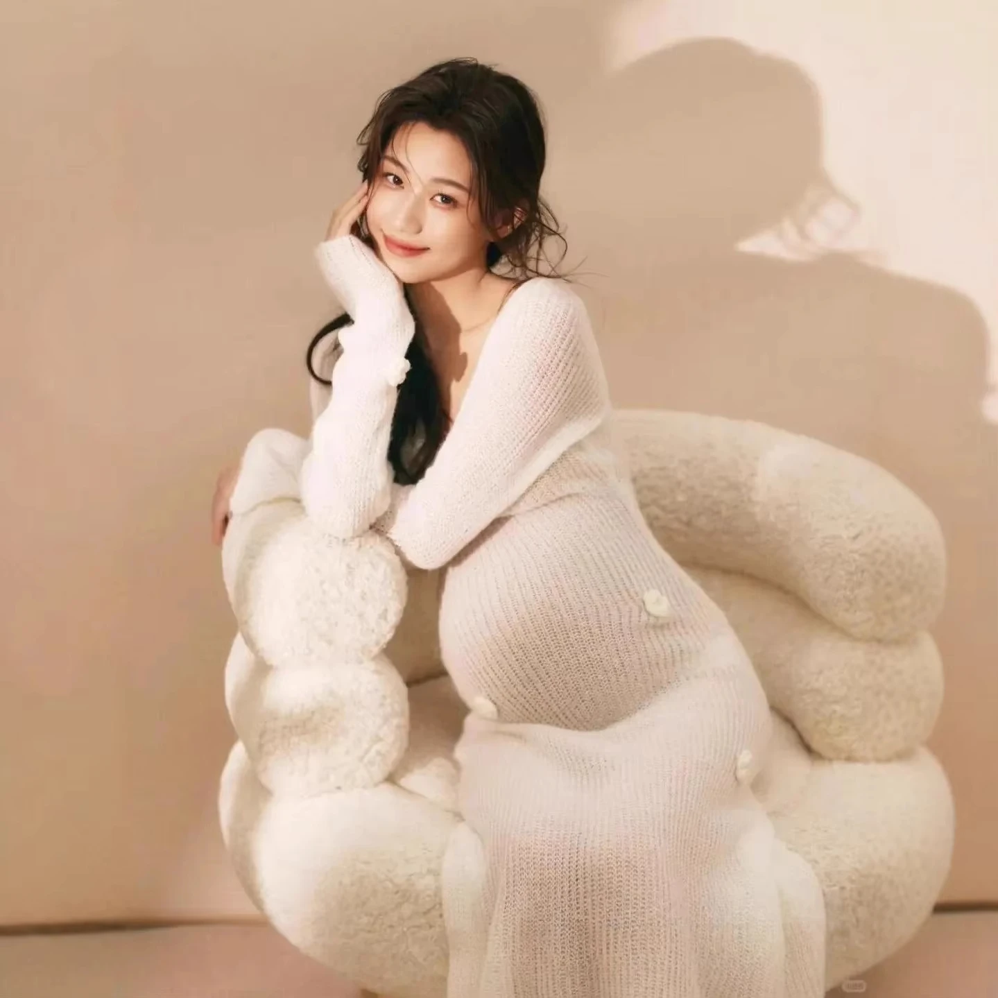 Women Maternity Dress for Photography Lady White Elegant Autumn Knitting Pregancy Dresses for Studio Photo Shooting Clothing