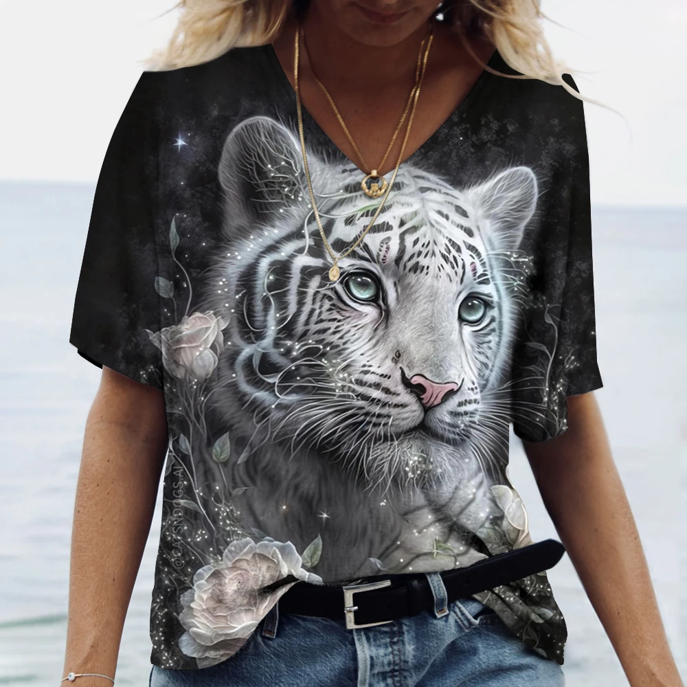 New Women\'S T Shirt 3d Animal Print V-Neck Short Sleeve Tops Tees Streetwear Female Oversized Tshirt Fashion Woman Clothing 2023