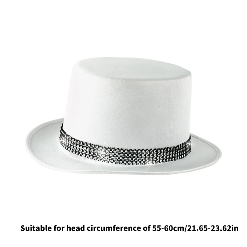 Shimmering Crystal Belt White Top Hat for Holiday Celebration Masquerades Party Gentleman Hat Stage Jazzy Hat