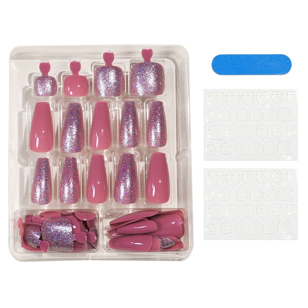 48Pcs Glitter Pink False Toenails Wearable Hand Feet Nail Art Set for Women Girl Artificial Nails Fake Nail Pieces WD