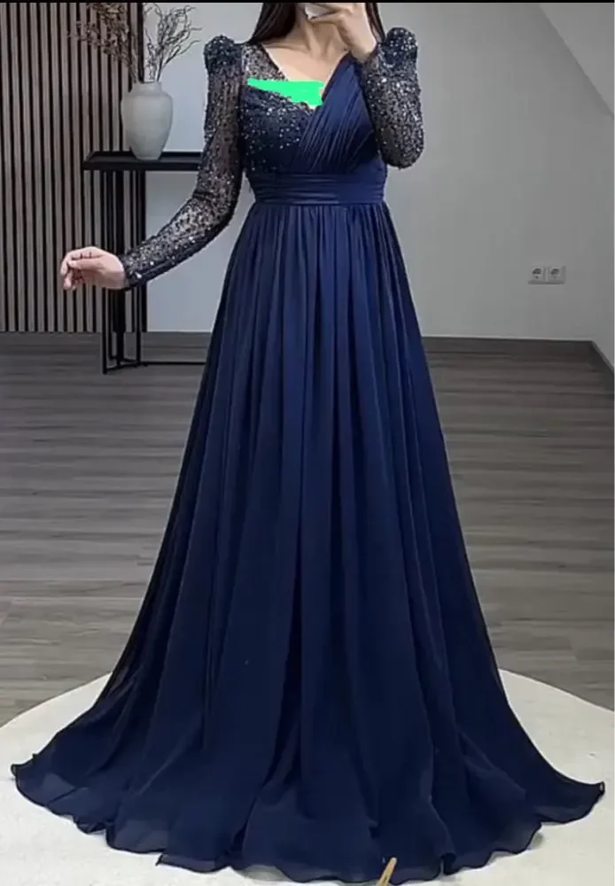 Women Formal Dress 2024 Chiffon Dubai Arabic Evening Gowns with Full Sleeves Robes De Soirée