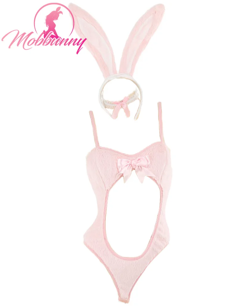 

Mobbunny Women Pink Bunny Sexy Lingerie Set Suspenders Hollow Furry Bodysuit with Bunny Ear Headband and Choker