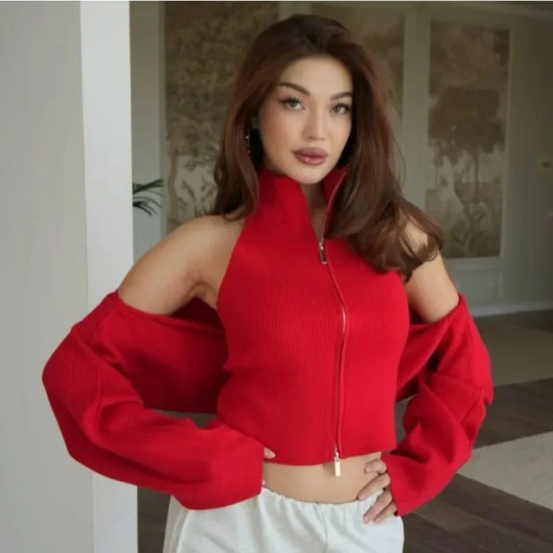 A Halter-neck Sweater and Vest in European American Style. Knitted Shawl Set with A Sense of Design Two-piece Women's Dress