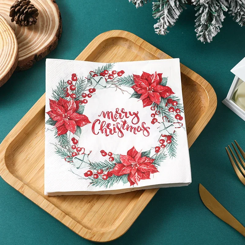 

10/20pcs Christmas Collection Napkins Christmas Flowers Wreaths Colourful Printed Paper Placemats Butterfly Bone Bart Paper