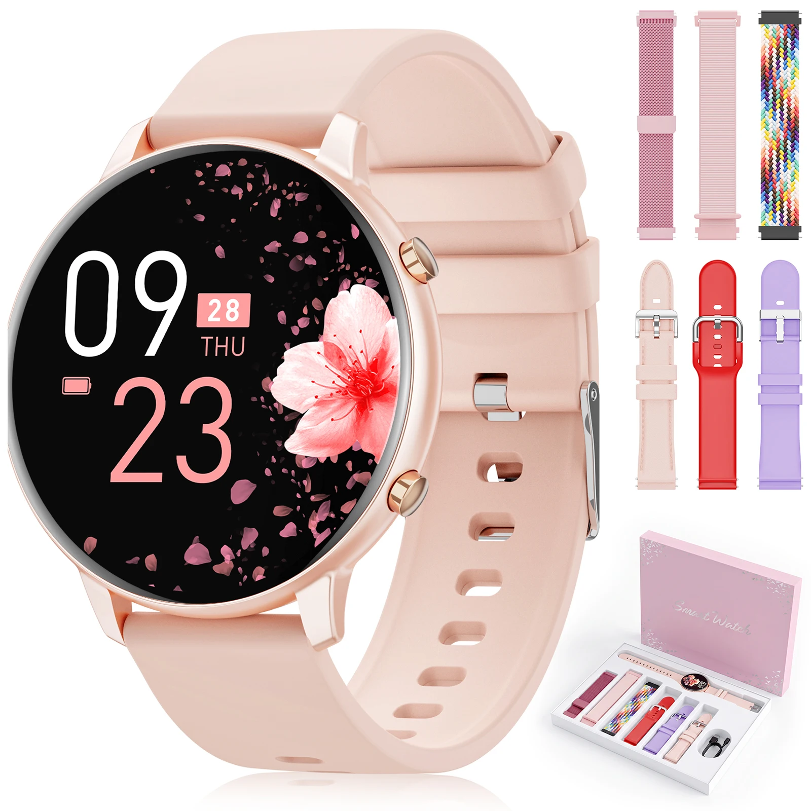 Orologio Intelligente Donna Set Regalo con 6 Cinturini Sostituibili Chiamata Bluetooth Monitor Frequenza Cardiaca e SpO2 Tracker Salute Femminile Smartwatch Donna Regalo Perfetto per Lei