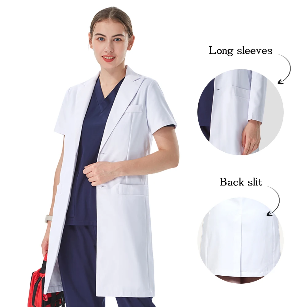 Thoughtful Lapel Collar White Lab Coat for Doctor Cotton Polyester Hospital Medical Uniform Woman Slim Fit Working Robe 702