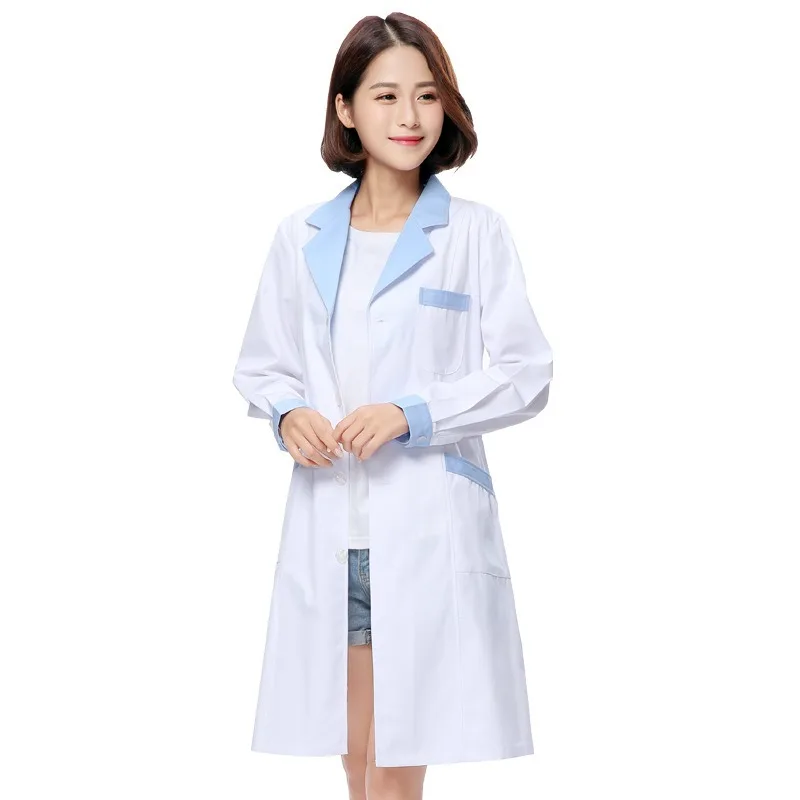 Cappotto bianco da farmacia colletto blu tuta invernale da medico slim manica lunga vestiti isolanti cappotto bianco da salone di bellezza a maniche corte
