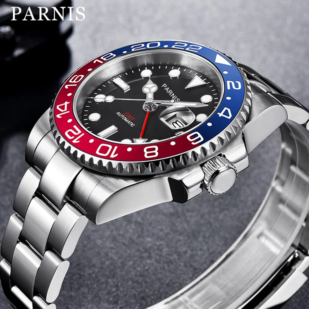 Parnis 40mm Men นาฬิกาข้อมือสแตนเลส GMT นาฬิกากระจกแซฟไฟร์