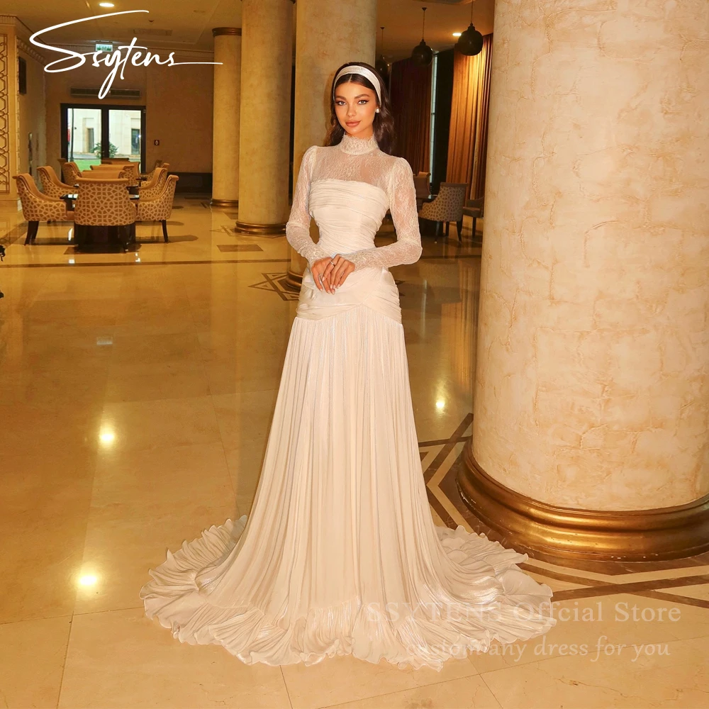 

SSYTENS Elegant A-Line Wedding Dresses High Neck Full Sleeves Lace Bridal Dress Boho Beach Long Wedding Bride Gowns Customized