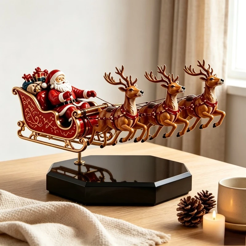 Magnetic Floating Santa Sleigh Ornament Decor Figurine Rotating Reindeer Levitation for Christmas Desktop Tabletop Home Gift