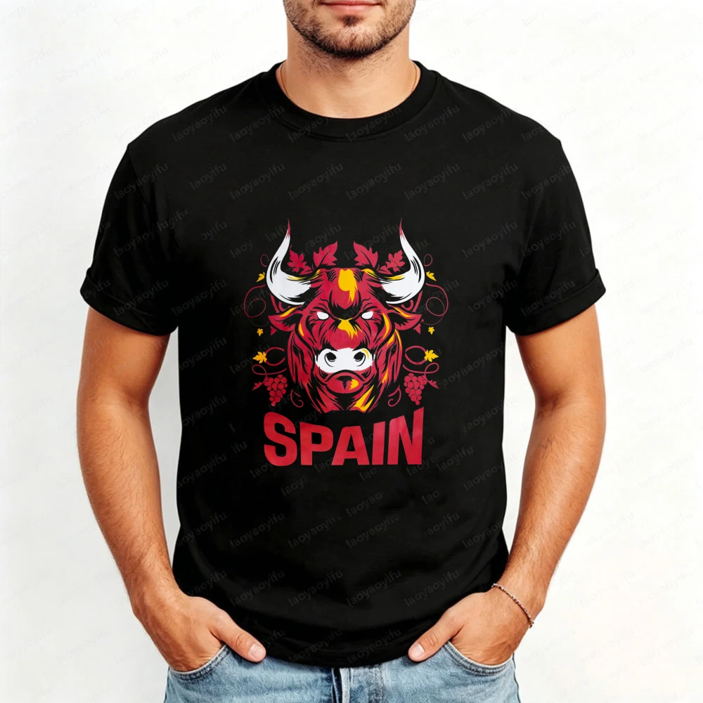 Spain2026 Soccer Cup Fan Cotton Tshirt Vintage Red Bull Head Grape Floral Art Unisex Tee Fashion Matador National Pride Tops