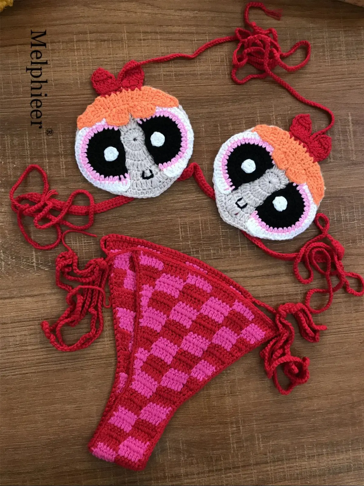 Melphieer haute qualité à la main Crochet Micro Powerpuff mignon Bikini ensemble Sexy String brésil maillots de bain superbe vacances maillots de bain