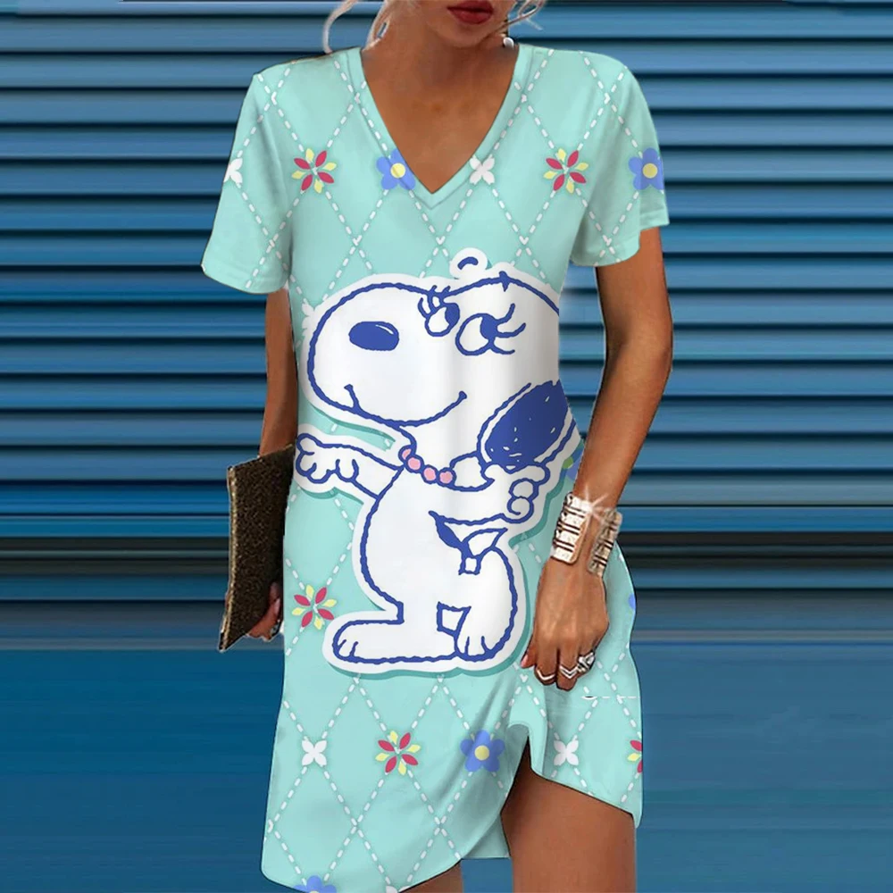 

Women Snoopy cartoon print V-neck Short Sleeve Beach Dress Big Size Elegant Gradient Vintage black Casual A-Line Dress Vestidos