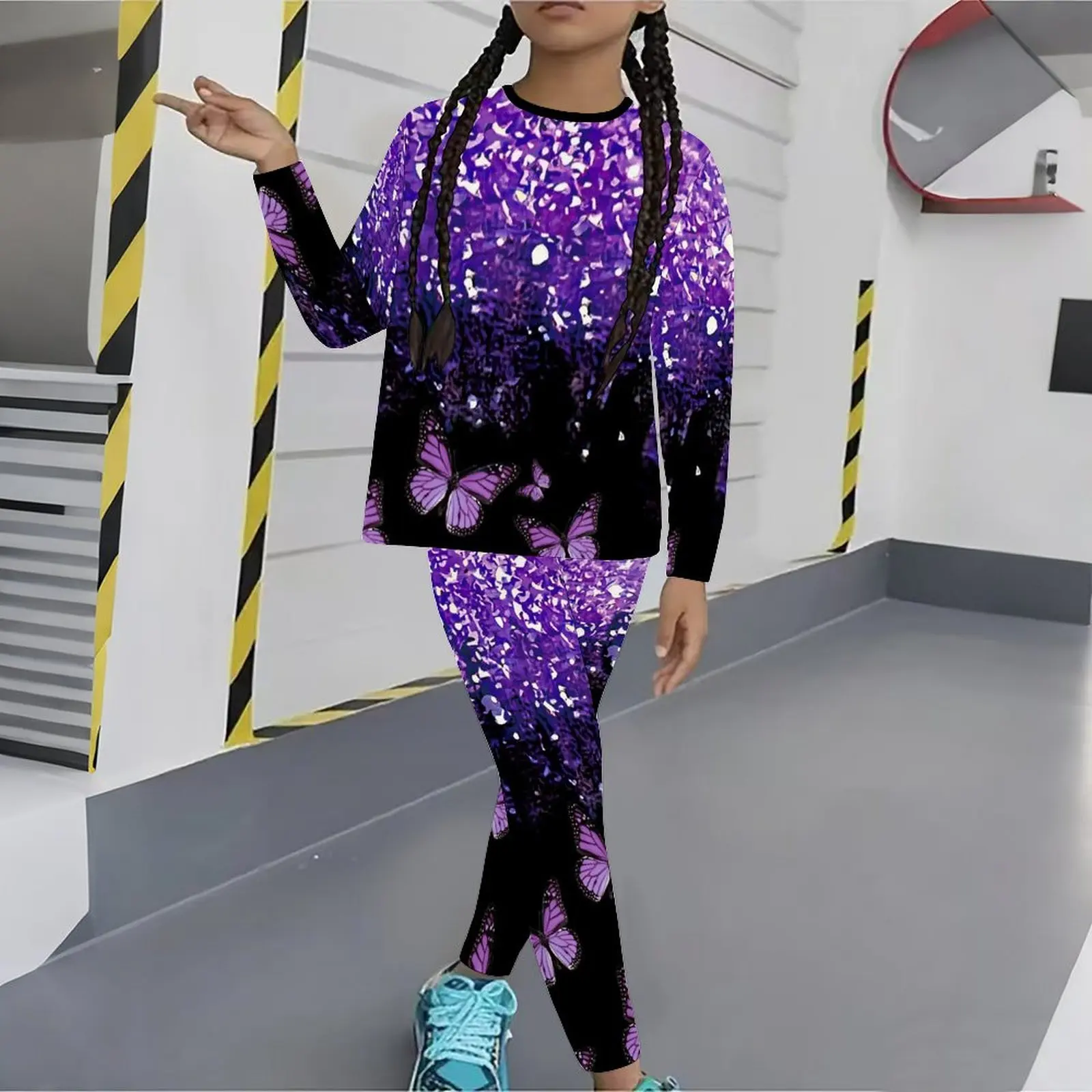 Girls Print Long Sleeve Round Neck Top Cute Two-Piece Daily Wear Casual T-shirt Autumn Leggings Winter Jogging Pants