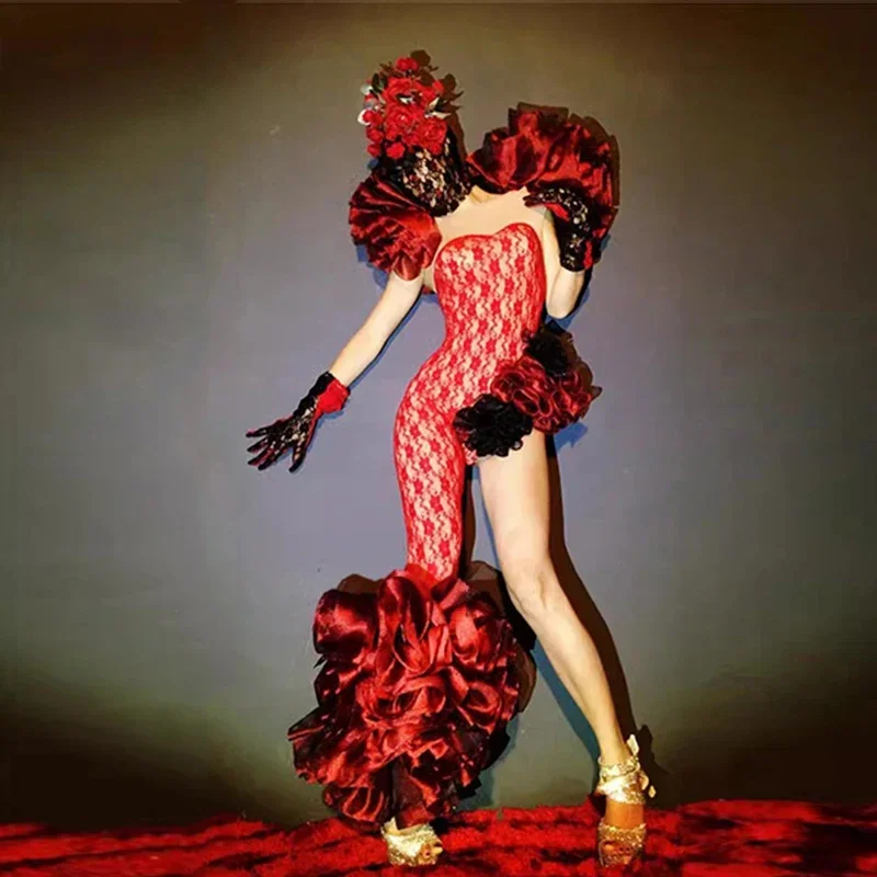 

Rose Headgear Gogo Dance Clothing Nightclub Dancer Performance Costume Festival Rave Clothes Sexy Stretch Lace Bodysuit