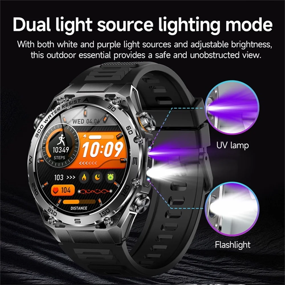 2026 Outdoor Sports Clock Blue Tooth Call UV Lamp Flashlight IP68 Waterproof Smart Watch Heart Rate Health Smartwatch 1000MAH