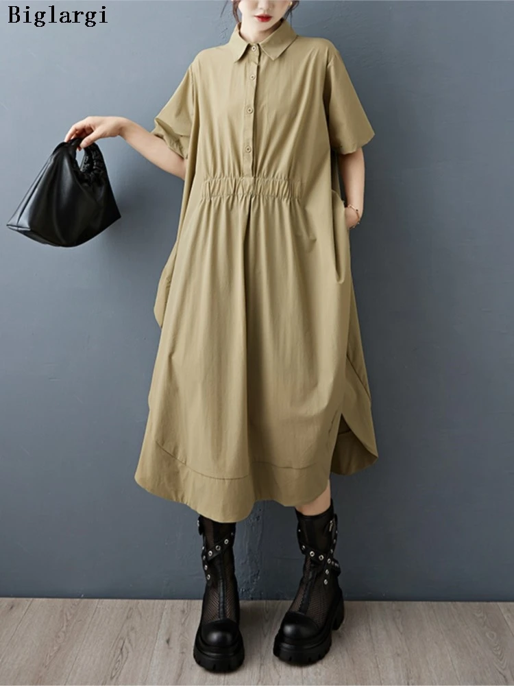 

Oversized Summer Dress Women Slim High Waist Fashion Ladies Dresses Loose Casual Irregular Pleated Woman Midi A-Line Dress