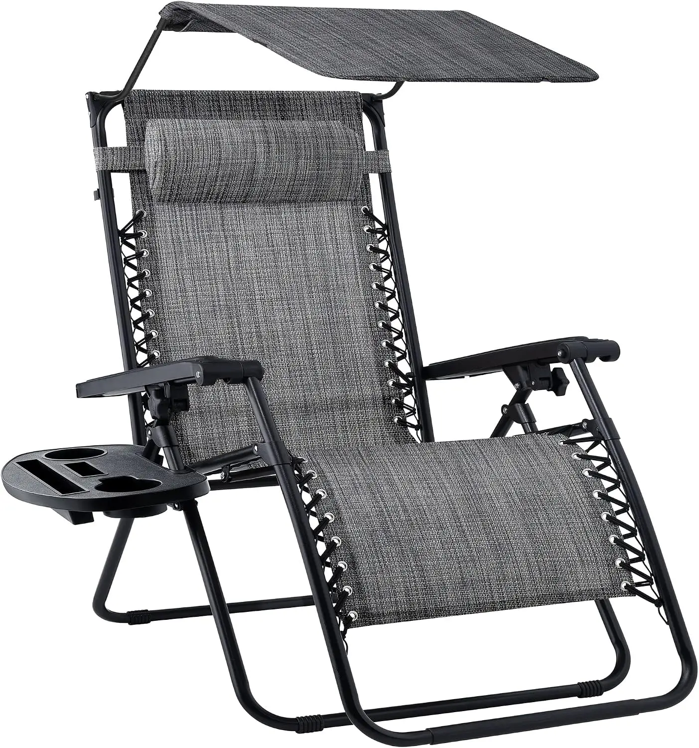 Folding Zero Gravity Outdoor Recliner Patio Lounge Chair w/Adjustable Canopy Shade, Headrest, Side Accessory Tray, Textilene Mesh - Gray