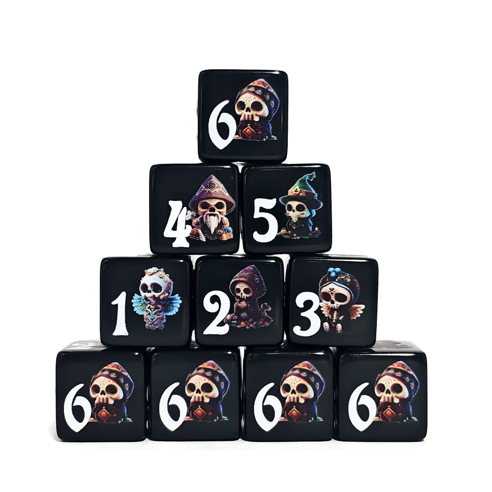 12Pcs 16MM D6 Acrylic Printed Dice Black With Cute Cartoon Skeleton Wizard Mage Character Pattern For DND RPG Board Game D6 Dice