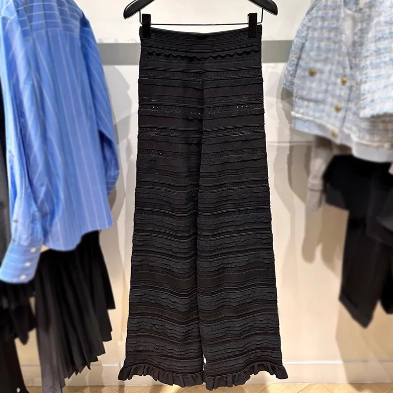 

High-End Version Bla Lace Trim Knitted ort Top And Wide Leg Pants Set Spring Summer Women's Faion Ensemble Hollow out