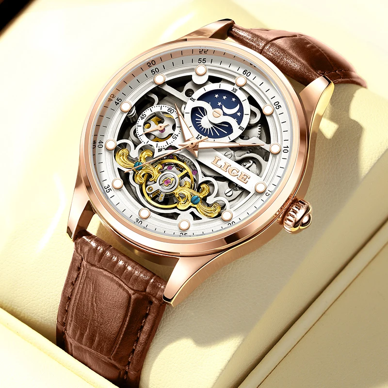 LIGE Top Luxury Automatic Mens Watch Fashion Business Mechanical Watches Men Waterproof Luminous Wristwatches Reloj Hombre+Box