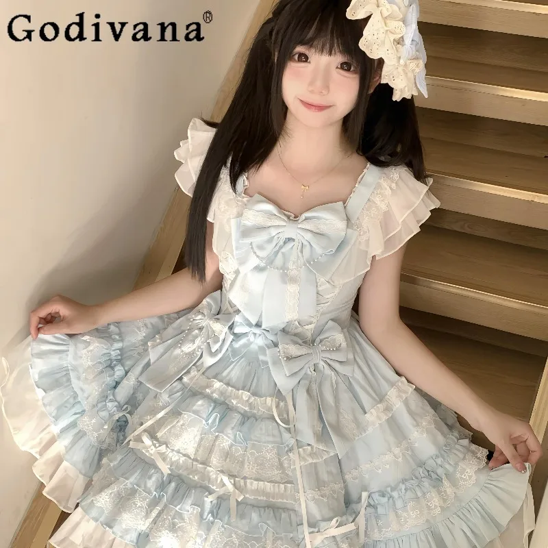 

Blue JSK Lace Cake Princess Dress Women's Summer Birthday Party Short Dress Female High Waist Original Design Lolita Dress
