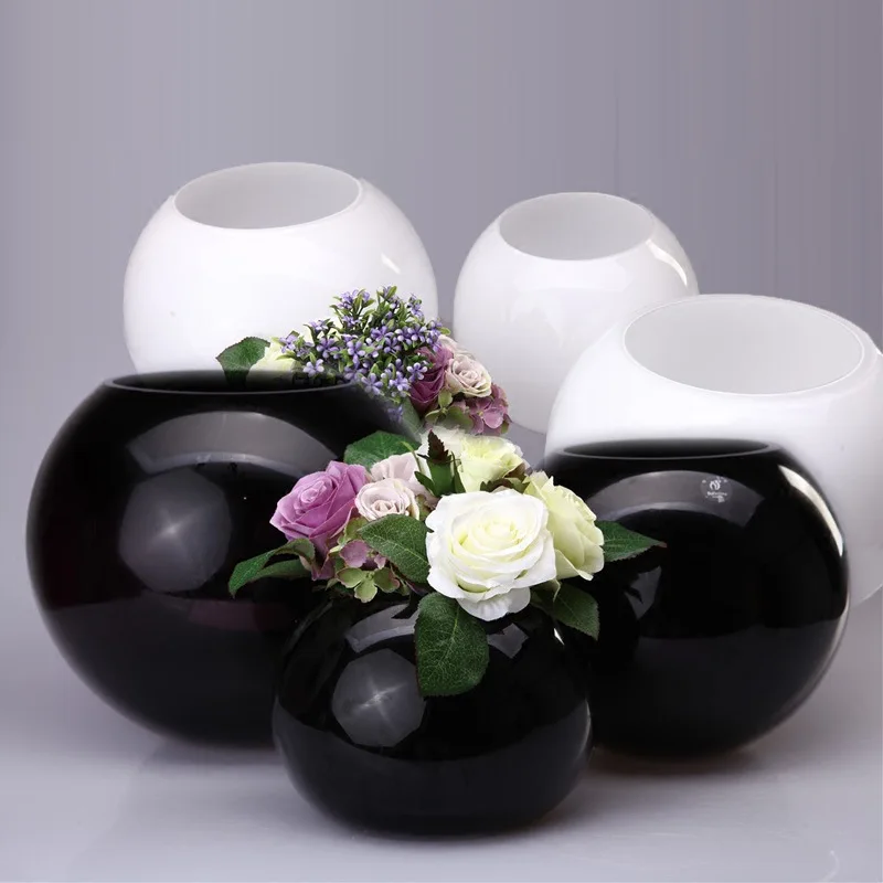 

Simple and Modern Black Round Spherical Glass Vase Hotel Lobby Desktop White Floral Home Soft Decoration Decor Vase