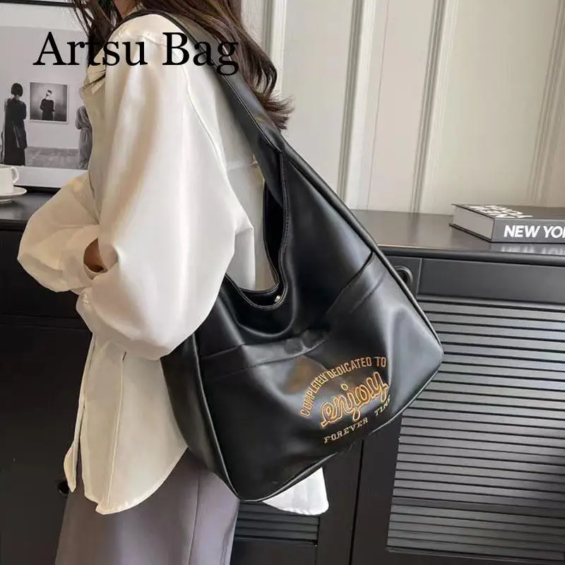 Pu Leather New Large Capacity Tote Bag with Wide Straps Embroidered Shoulder Women Bag for Commuting Versatile Underarm Bag