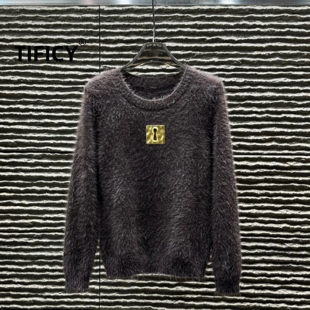 High Street Sweaters Women's Winter New Fashion Style Metal Embellishment Imitation Mink Fur Thick Round Neck Pullover Sweater