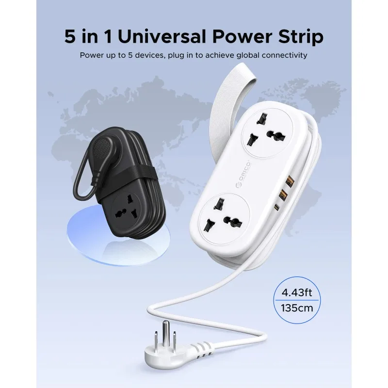 Universal Power Strip Electrical US Plug with 1.35m Extension Cord 2AC 2 USB 1 Type C Port Travel Adapter Network Filter