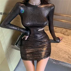 Women's Long Sleeve Snake Print Bodycon Dress Sexy Hollow Out Dresses Mini Party Club