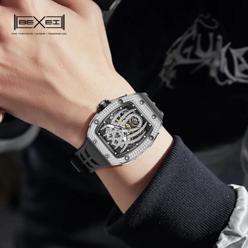 BEXEI-relojes mecánicos automáticos para hombre, accesorio de lujo con incrustaciones de circonita, zafiro en forma de barril, luminoso, resistente al agua, 80 horas de potencia, 9163