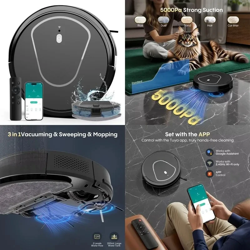 The 3-in-1 5000Pa vacuum cleaner features both wet and dry functions, automatic charging, anti-tangle design, suitable