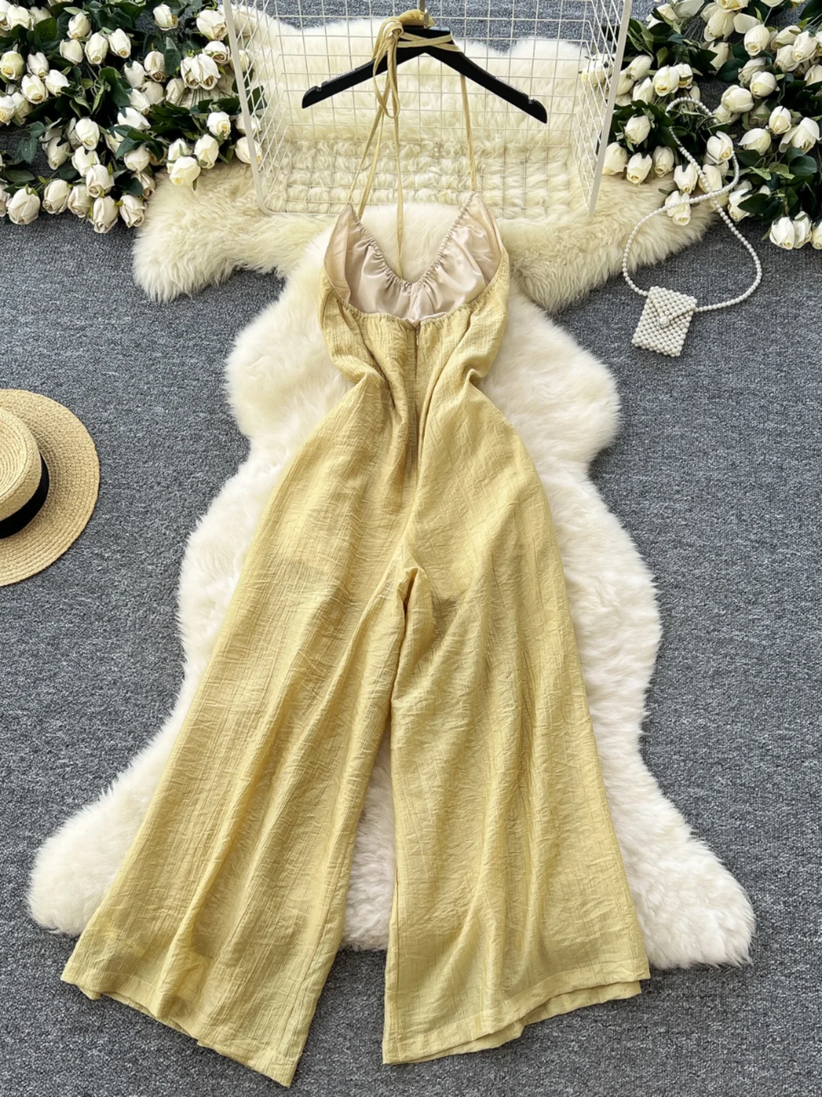 Mono de una pieza para mujer, estilo informal, hoado, de cintura alta, pierna recta, con tirantes coles en el cuello y ...