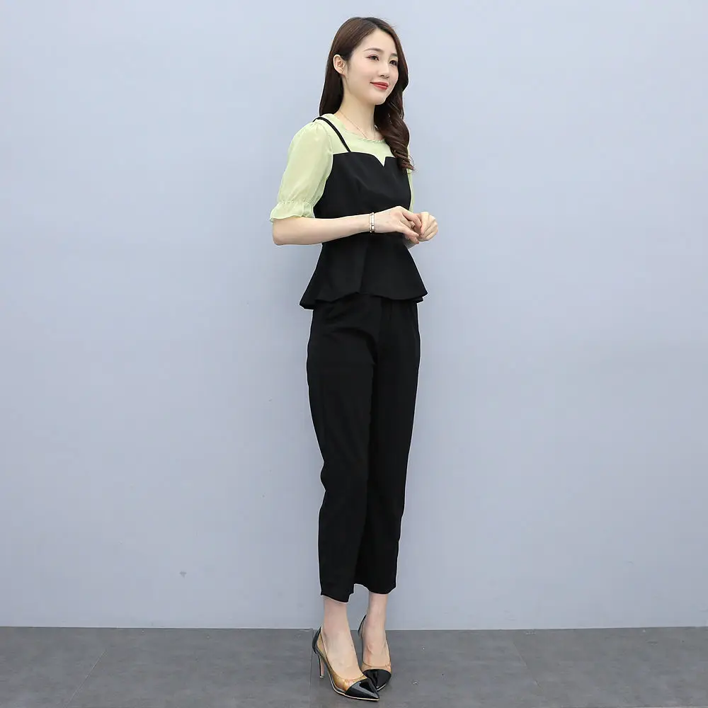 2022 Summer New Chiffon Stitching Pants Set Sexy Lace Ruffle Sleeve Top Casual Trousers Two-piece Set Office Tracksuit