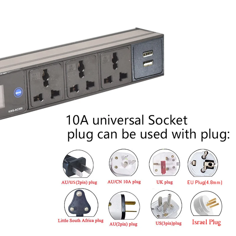 USB Power Strip with Switch Display Power Energy Volt Watt Kwh Meter 2-9Ways Universal hole Socket Outlets C14 interface