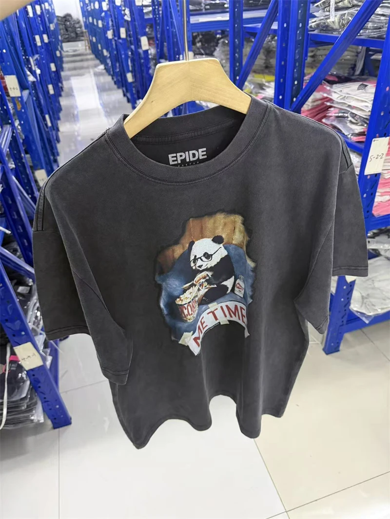 Summer Epide 26SS Panda Animals Pattern Printed Water Washed Vintage Short Sleeve High Street Casual Cotton Loose T-shirt Men