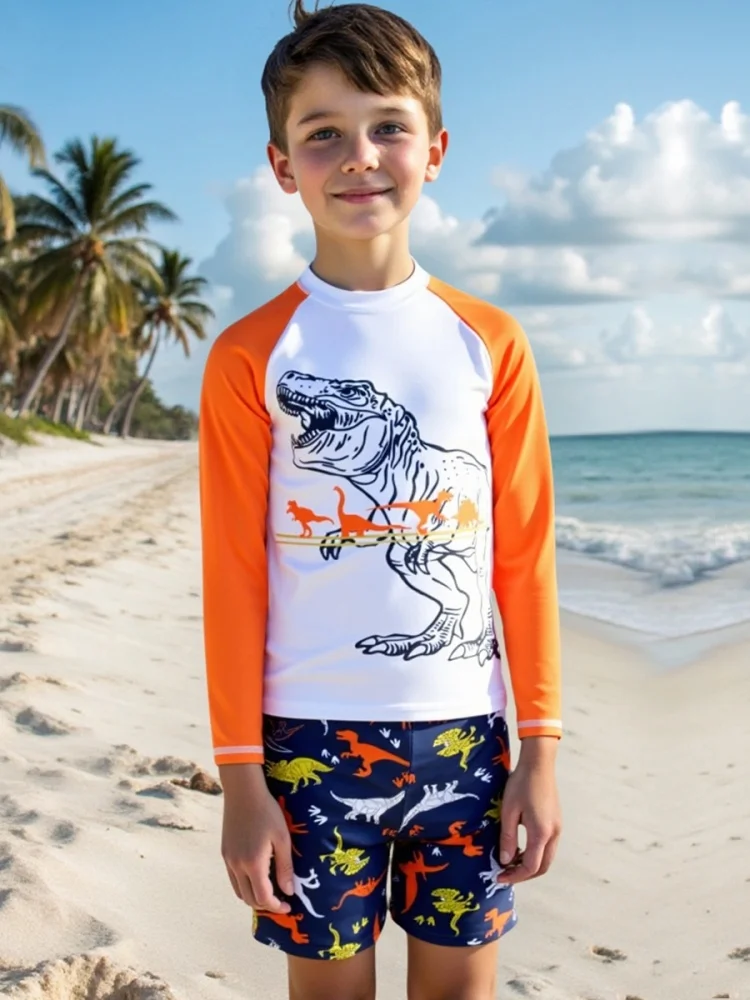 Boy Kids Swimsuit 2026 New Cartoon Dinosaur Long Sleeves Children Swimwear Summer Two Piece Shorts Beach Bathing Suit Swimming