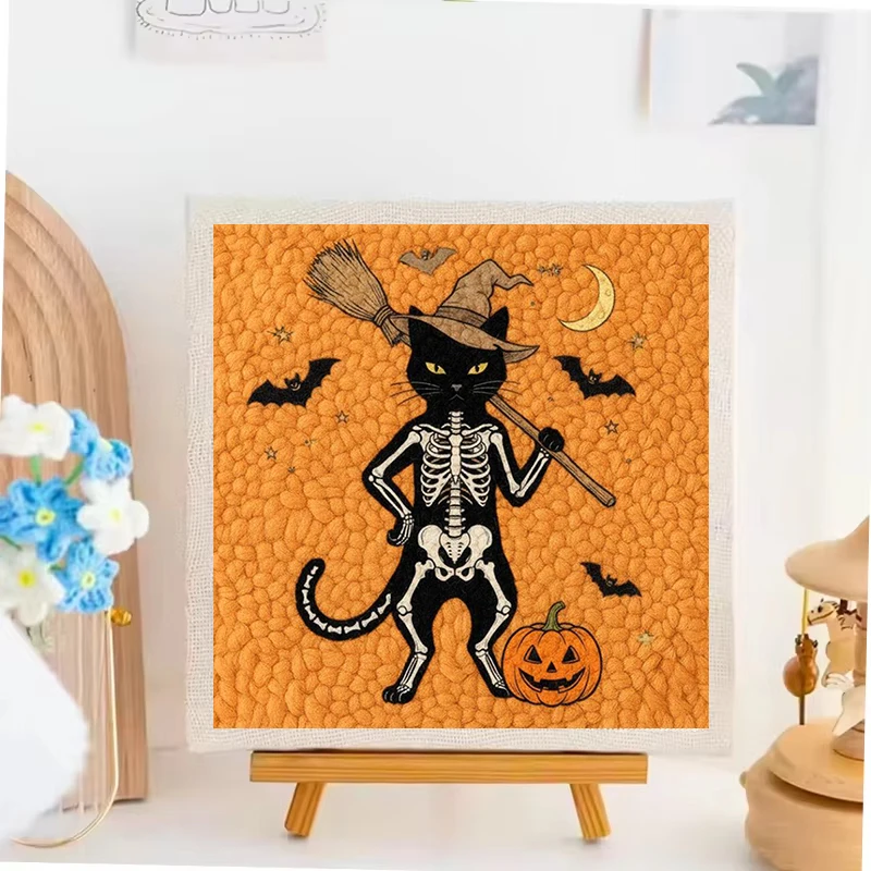 Skeleton Black Cat Punch Needle Kit DIY Embroidery Craft Kit For Beginners Magic Tufting Set Poking Cross Stitch Halloween Gift