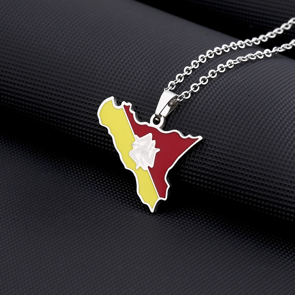 New Italy Sicilia Island Map Flag Pendant Necklace Stainless Steel Men Women Ethnic Map Jewelry Italiana Gift